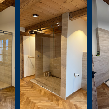 Bildcollage einer offenen, modernen Dusche.