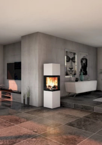 Der neocube Style Kaminofen steht in einem modernen Wohnzimmer an der Ecke einer eingezogenen Wand.