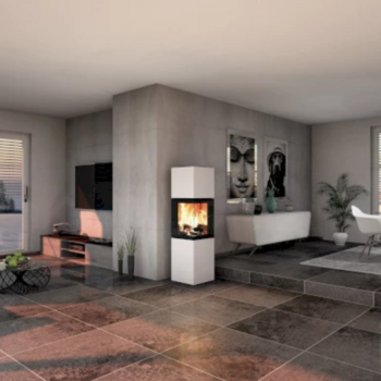 Der neocube Style Kaminofen steht in einem modernen Wohnzimmer an der Ecke einer eingezogenen Wand.
