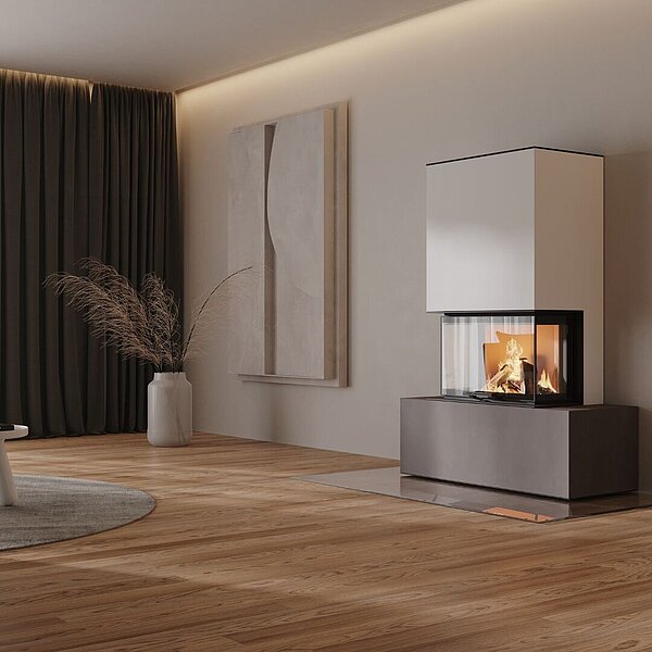 Weißer Kaminofen steht neben einem Regal in einem modernen und hellen Wohnzimmer.